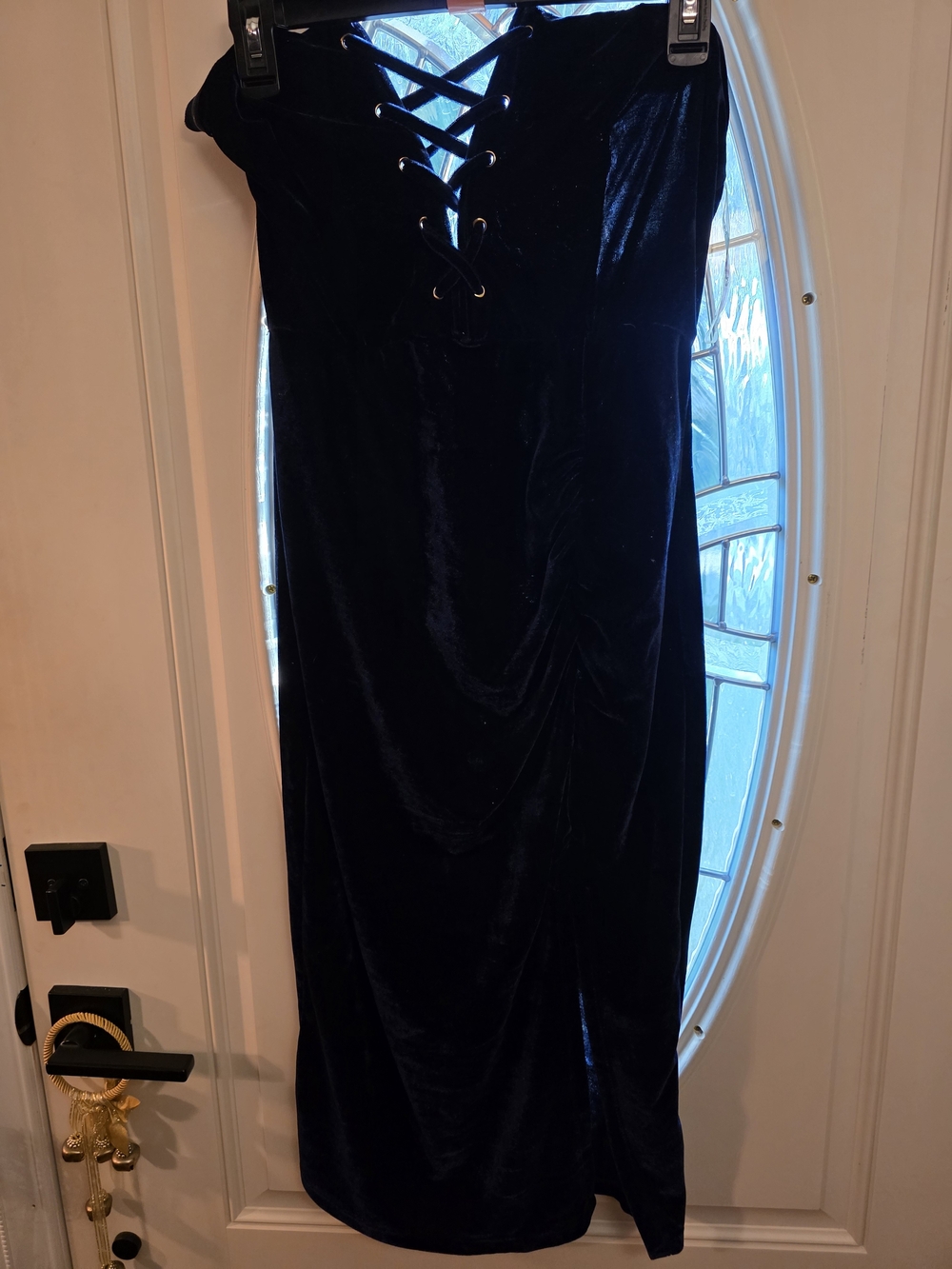 Strapless Lace-Up Velvet Midi Dress in Black
